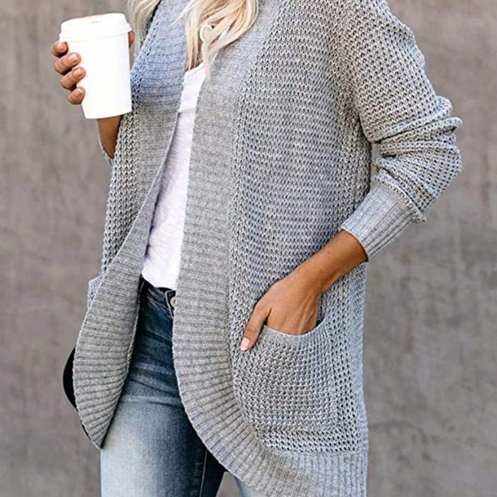 Grey Preppy Womens Dual Pocket Drop Shoulder Open Front Cardigan - Picture 5 of 5